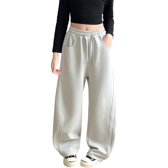 OSOLU Girls Pants Solid Color Comfortable Drawstring Elastic Waist Side Pockets Wide Leg Trousers Kids Daily Wear