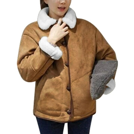 Unique Bargains - Ladies Button Closure Fleece Lining Turn Down Collar Faux Suede Jacket XS dallas cowboys sweater vest