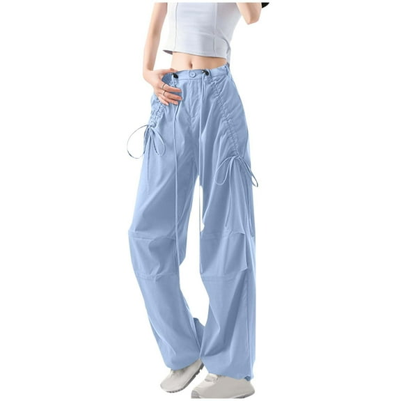 hotojiny Cargo Pants Women Button Low Rise Drawstring Bow Tie Sweatpants Streetwear Cute Casual Pockets Hiking Wide Leg Trousers