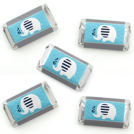 Bat Mitzvah Box - Blue Elephant - Mini Candy Bar Wrapper Stickers - Boy Baby Shower or Birthday Party Small Favors - 40 Count