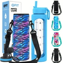 32 oz Glass Water Bottle with Time Marker Reminder   Carrier - Reusable, Wide Mouth, Leakproof, Glass Drinking Bottle, BPA Free, Motivational Water Bottles (Blue, Black Waves Carrier)