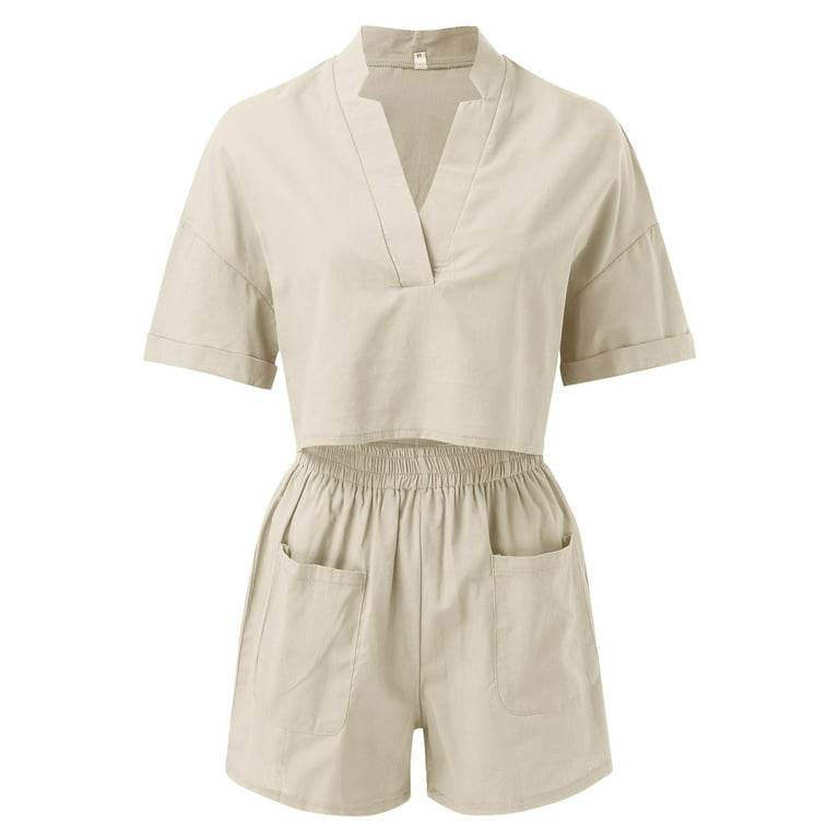 KaLI_store Plus Size Short Sets Women 2 Piece Outfits Linen