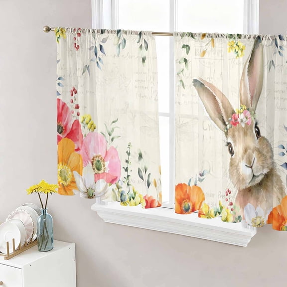 Bunny Easter Sheer Curtains 45 Inch Length 2 Panels Set Window Treatments, Eucalyptus Spring Floral Farmhouse Weeping Rod Pocket Semi Curtains for Living Room/Bedroom/Kitchen Décor, 104"W x 45"L
