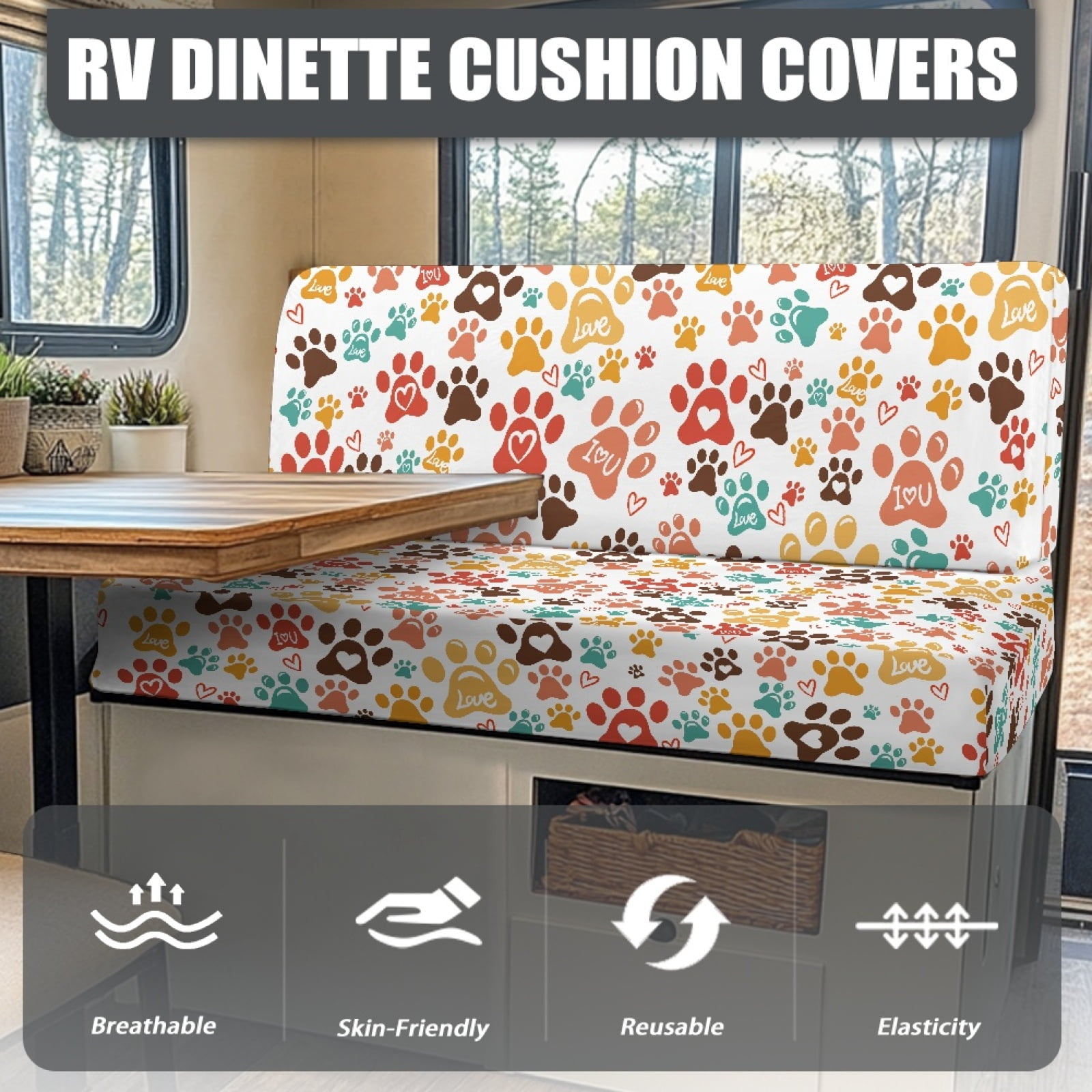 Kuiaobaty Colorful Dog Paw Pattern RV Dinette Cushions Covers for Women Anti-Slip RV Sofa Seat Slipcovers Couch Cushion Slipcovers Sofa Slipcovers Accessories Universal Fit RV