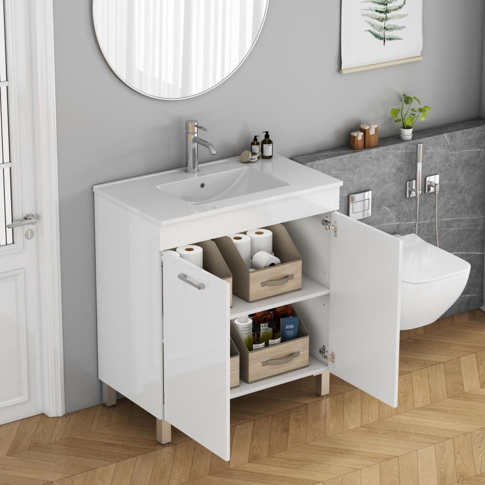 32-Inch Floor-Mounted Bathroom Vanity with Sink Combo,Double Doors With Soft Close Hinges,Bathroom Cabinet With Adjust Shelf,Metal Handle ,Ceramic Basin,Adjustable Silver Feet,Glossy White
