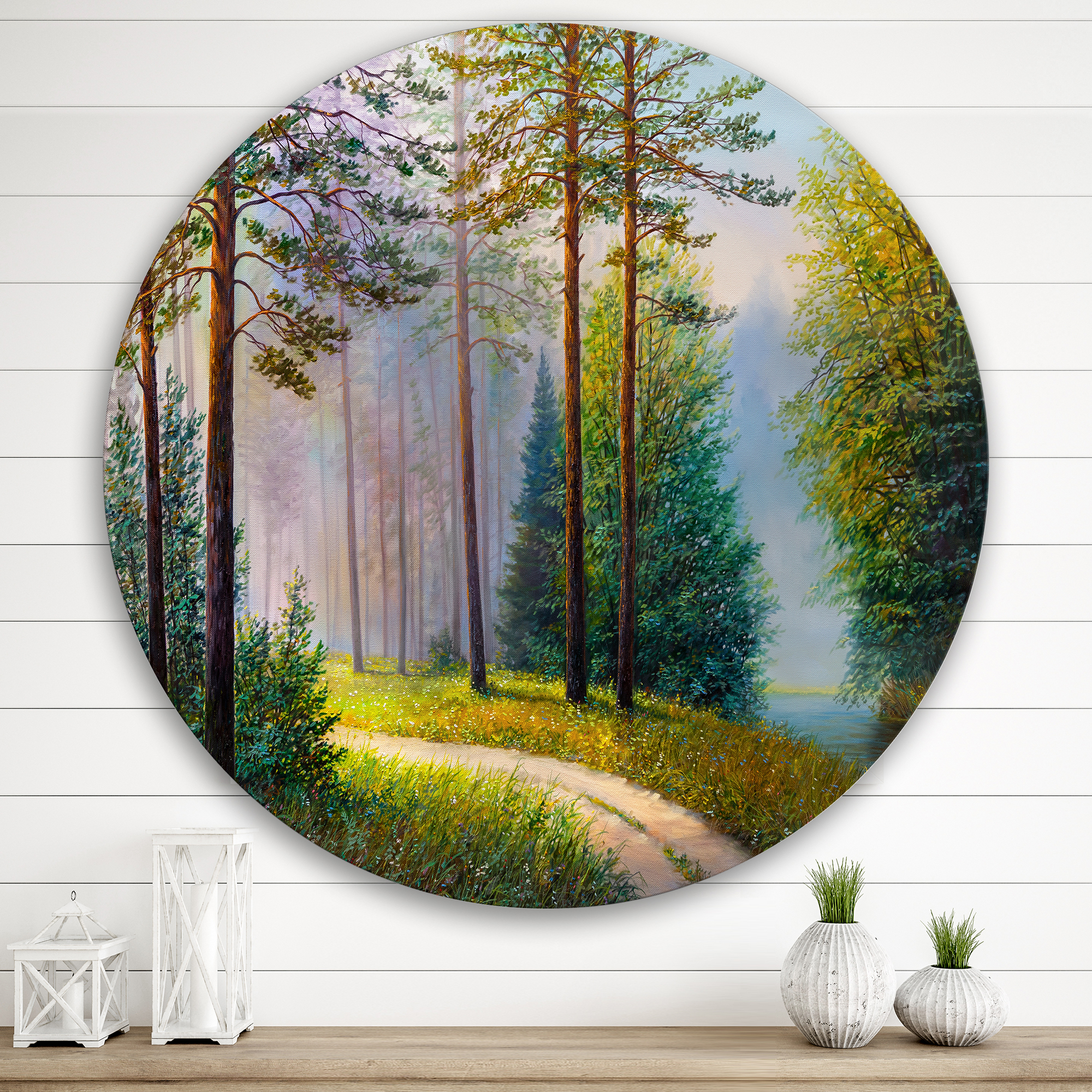 Designart 'Subtle Sunset Light Through The Trees II' Lake House Circle Metal Wall Art 36x36 - Disc of 36