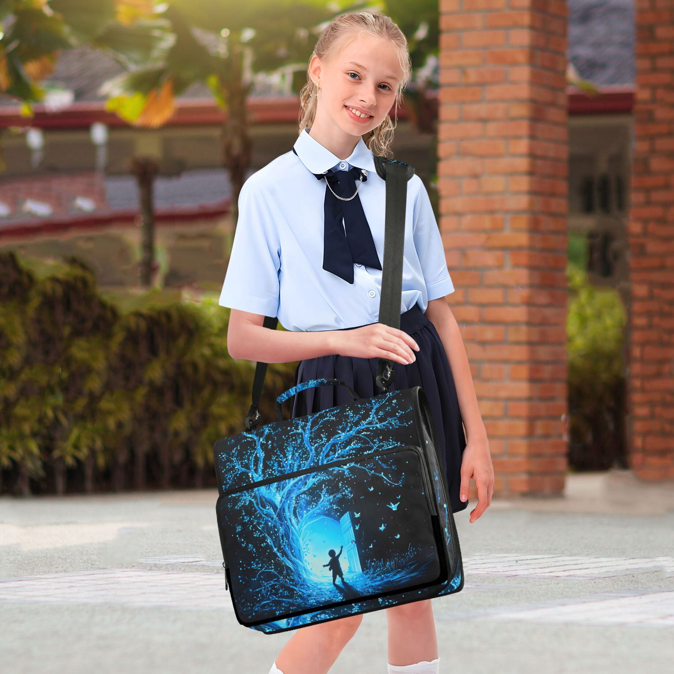 3 Ring Zipper Binder with Shoulder Strap Waterproof Trapper Keeper 2 Inch D-Ring 500 Sheets Capacity Glowing Blue Tree and Door