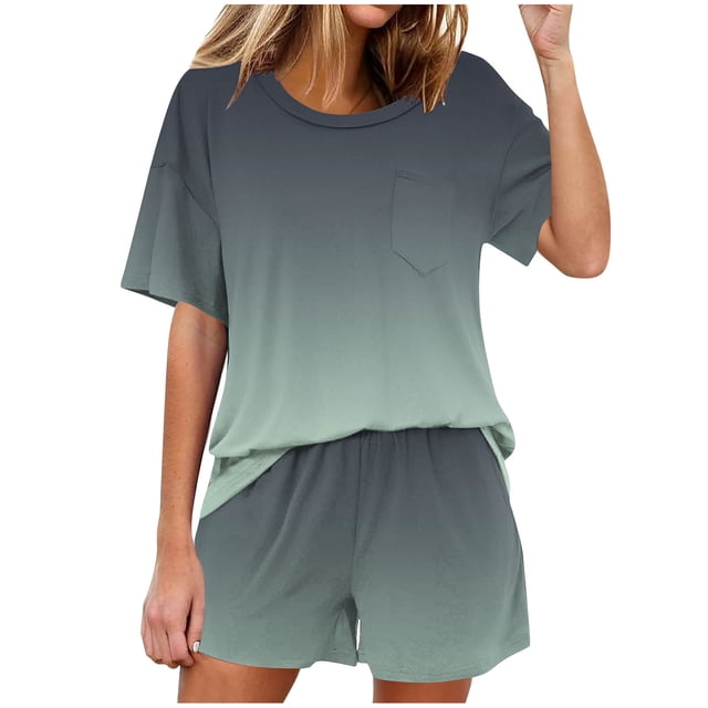 Conjunto de Pijama de las Mujeres de Moda Casual Color Sólido Manga Corta Cuello Redondo Top Y Pantalones