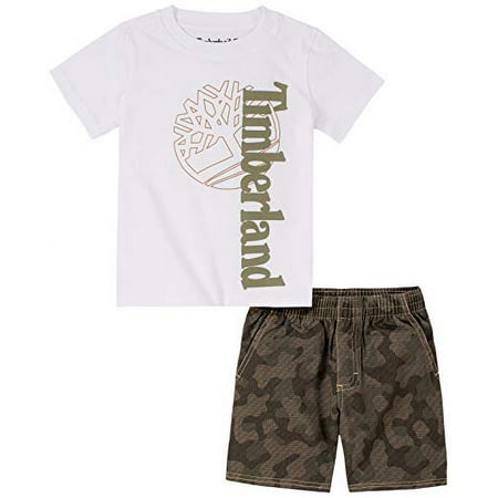 Timberland Baby Boys' 2-Piece Short Set, Parasail White/Dusty Olive, 12M