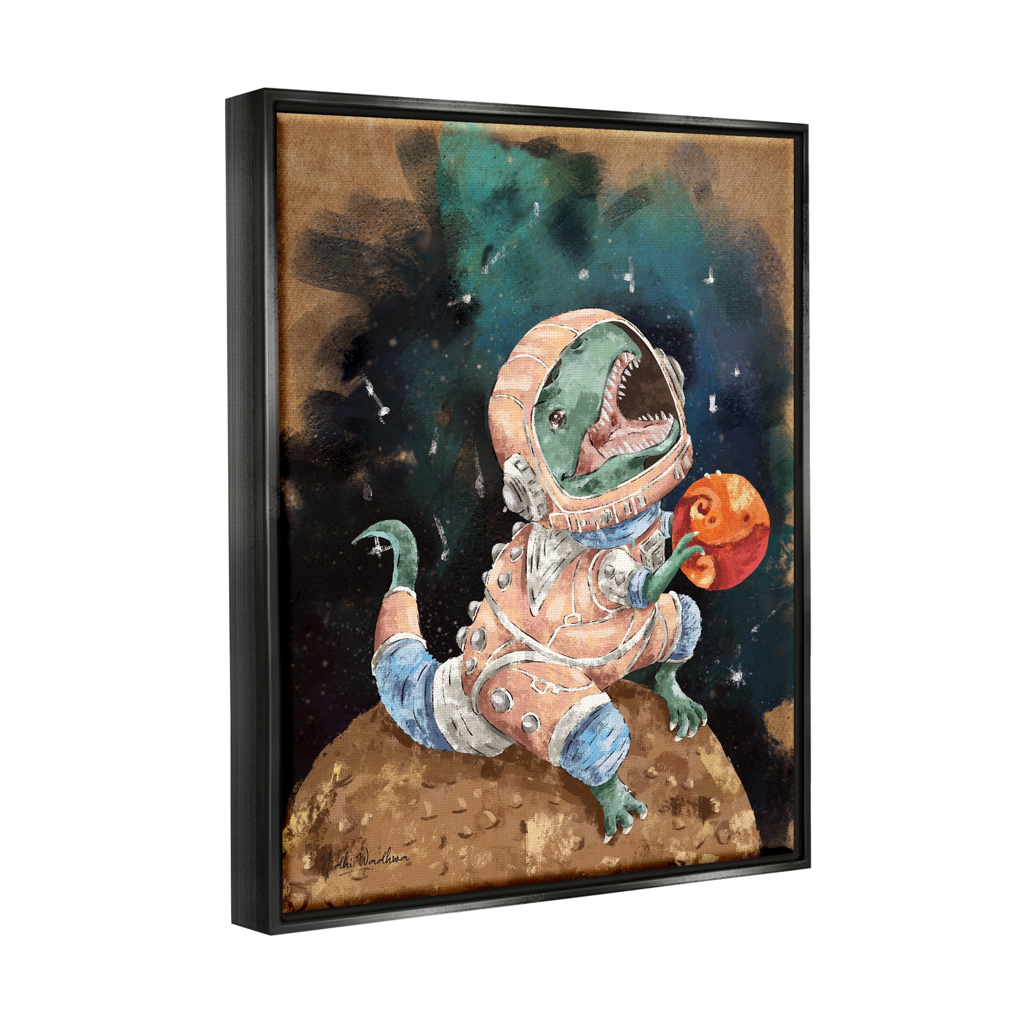 Stupell Industries T-Rex in Outer Space Animals & Insects Painting Black Floater Framed Art Print Wall Art, 25 x 31