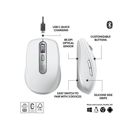 Logitech - MX Anywhere 3S Wireless Bluetooth Fast Scrolling Mouse with Programmable Buttons - Pale Gray