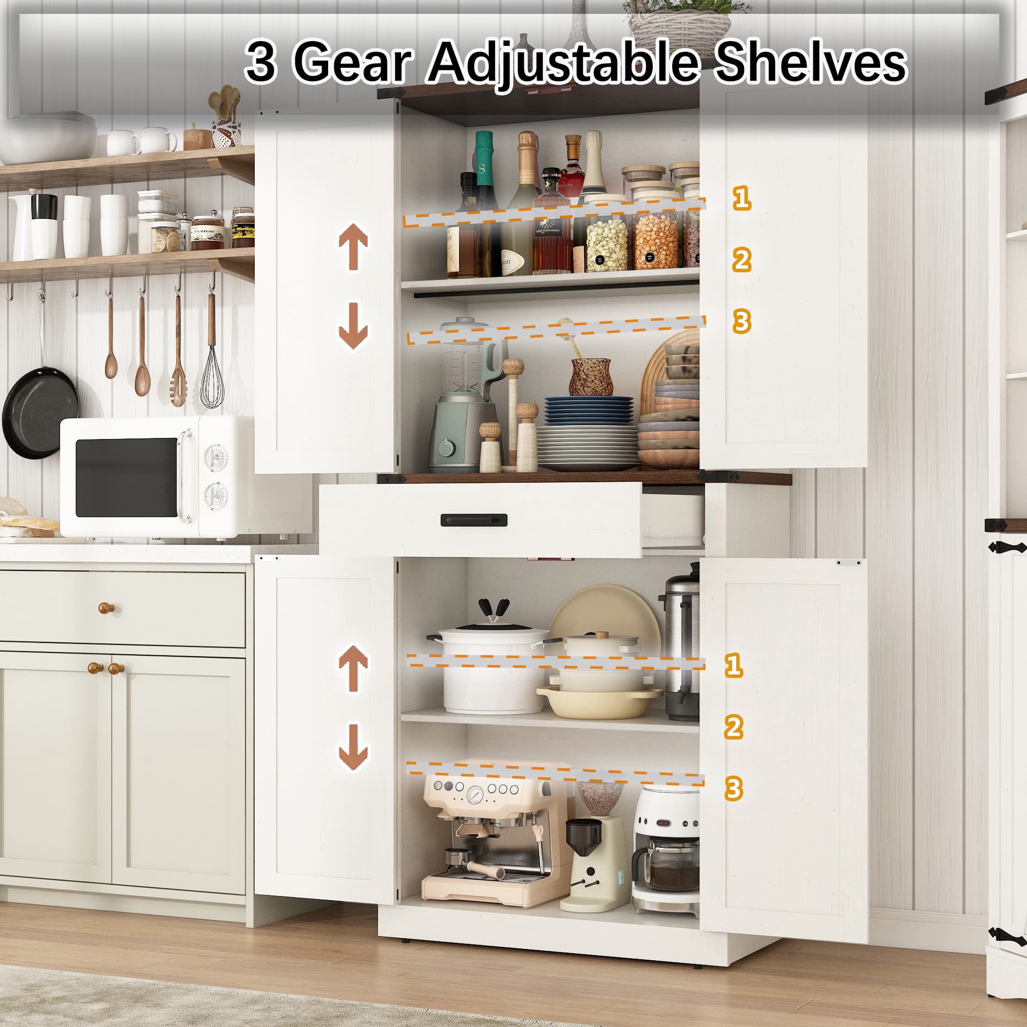 72" Tall Kitchen Pantry, Farmhouse Pantry Cabinet with 1 Drawer & 4 Layer Adjustable Shelves, Rustic Wood Storage Cupboard with Metal Load-Bearing Pipe for Kitchen Bathroom Living Room Hallway