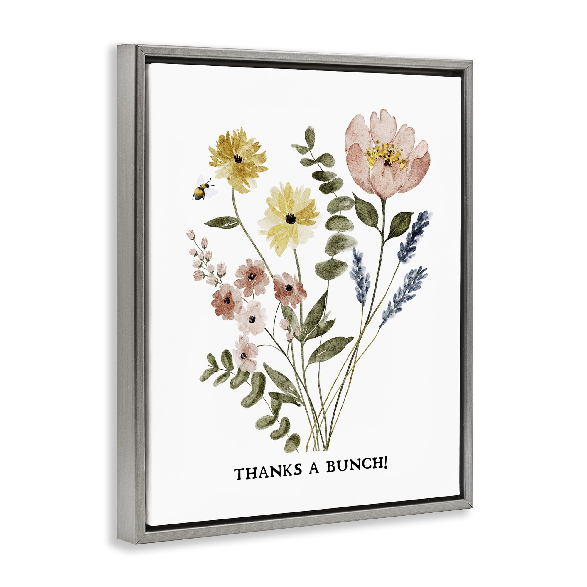 Stupell Industries Floral Thanks A Bunch Plants & Flowers Painting Gray Floater Framed Canvas Art Print Wall Art, 25 x 31