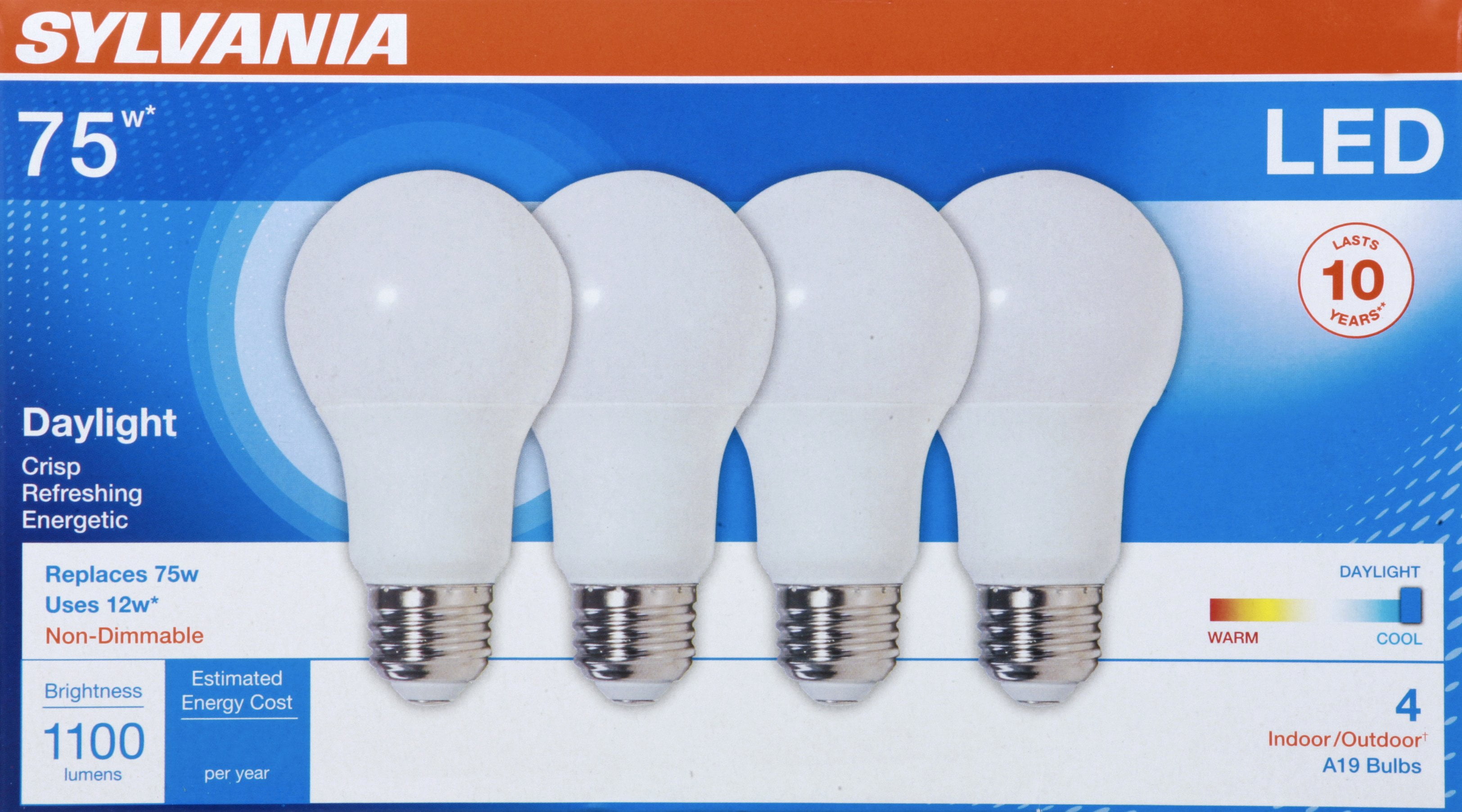 Sylvania LED A19 Light Bulb, 75W Equivalent, Efficient 12W, Medium Base, Frosted Finish, 1100 Lumens, 5000K, Daylight - 4 Pack (78100)