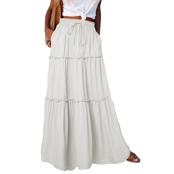 Women's High Elastic Waist Midi Skirt Casual Summer Trendy Tie Front Flowy Ruffle Floral Print A line Skirts White XXL