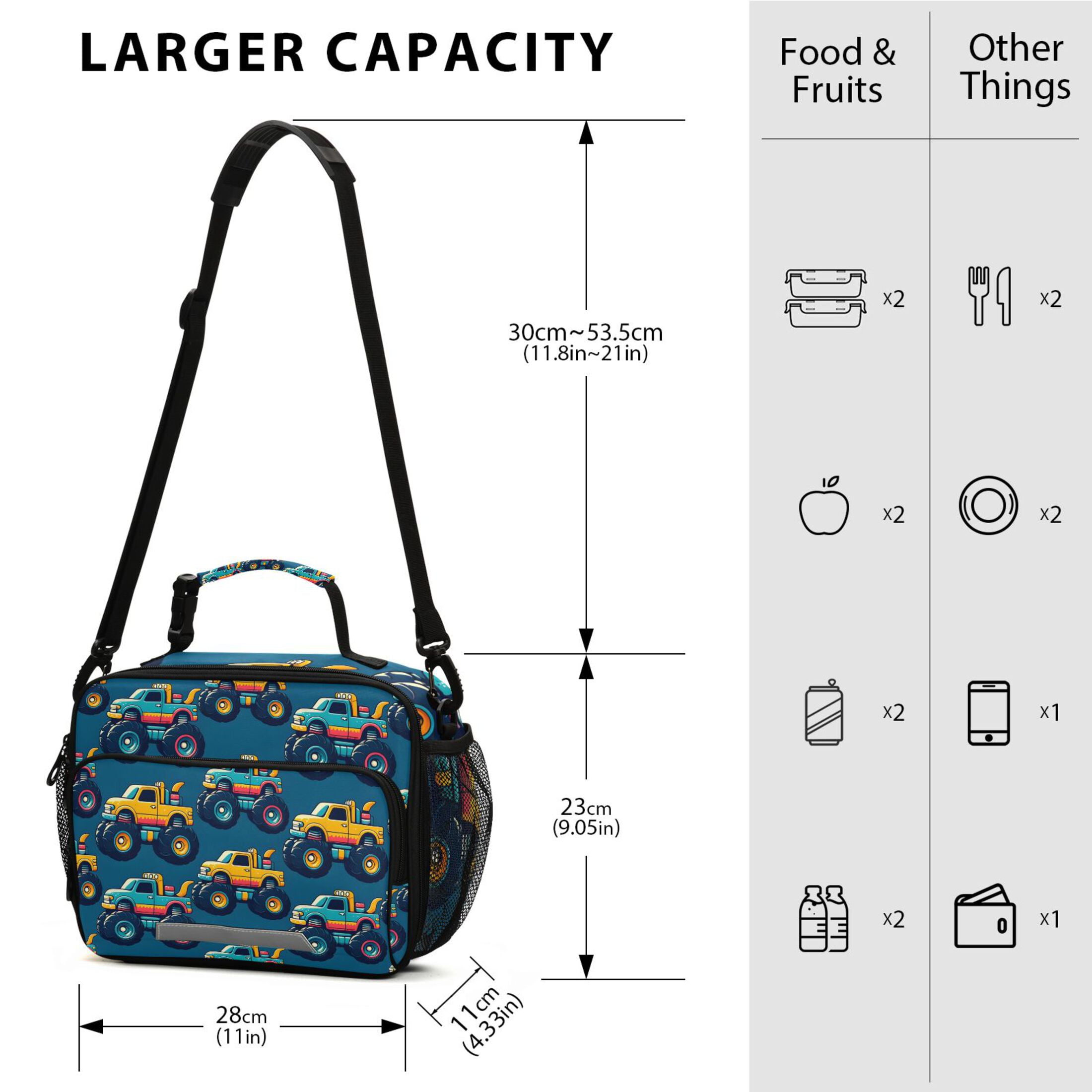 ALAZA Cartoon Car Vehicles Lunch Box Insulated Cooler Bag Reusable Tote Bags Shoulder Strap