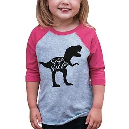 

7 ate 9 Apparel Girls Sistersaurus Dinosaur Pink Baseball Tee 4T