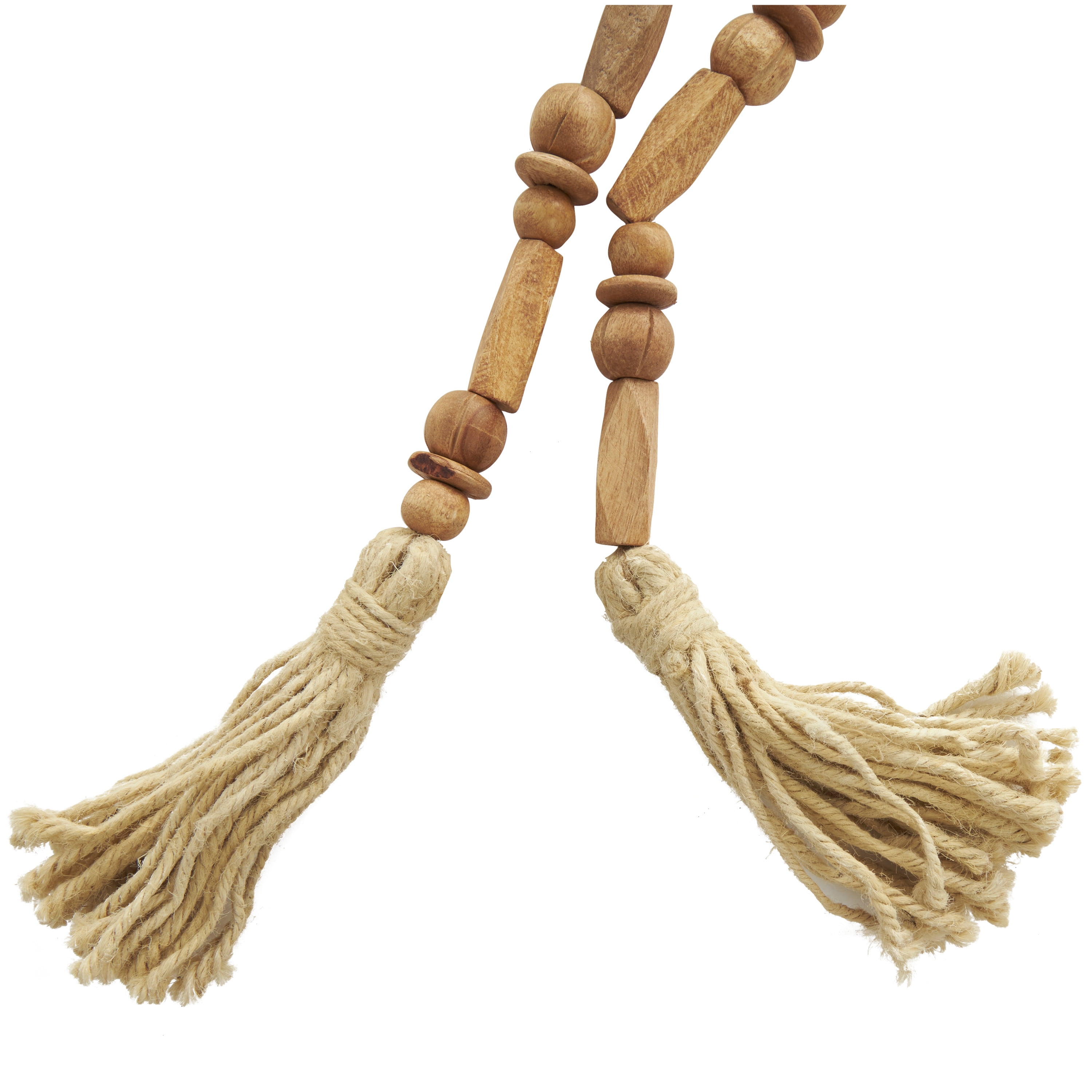 DecMode Handmade Rectangle Carved Geometric Long Beaded Brown Mango Wood Garland with Tassel