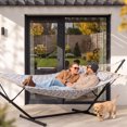 thumbnail image 3 of SUNCREAT Double Hammock, Extra Large Quilted Fabric Swing with Thick Hardwood Spreader Bars & Detachable Pillow, Heavy Duty, Perfect for Indoor/Outdoor Patio, Deck, Yard (12 FT Steel Stand Included), 3 of 11