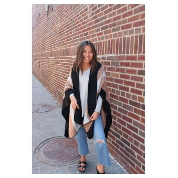 Panache Accessories Stripe Knit Cape Wrap Pashmina Shawl Top Stitch Black/Tan