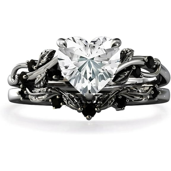 Rag Jewels 925 Sterling Silver 2.00 Ct Heart Cut White & Black Diamond Wedding Valentine's Anniversary Christmas Bridal Ring Set 14K Black Gold Plated For Women's -8.5