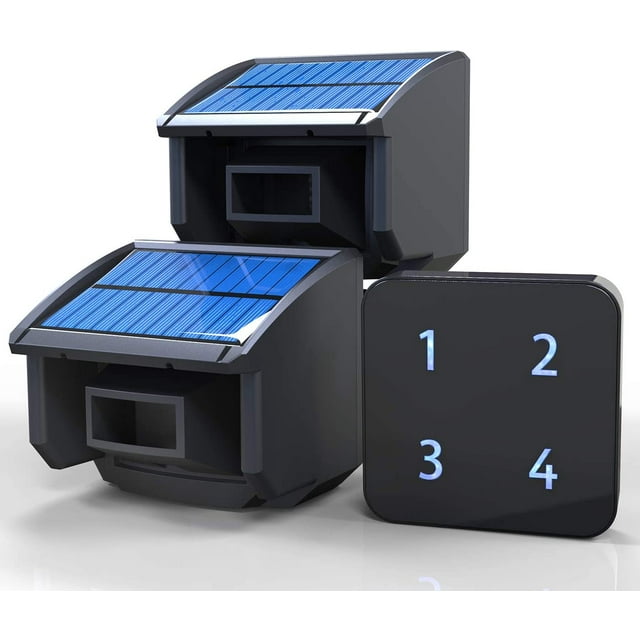 Solar Système d'Alarme d'Entrée - Autonomie de Transmission de 1/4 Mile - Alimentation Solar Sans Besoin de Remplacer les Piles - Extérieur Résistant aux Intempéries Capteur de Mouvement et Détecteur Bricolage Alerte de Sécurité - 1 Récepteur et Trousse de 2 Capteurs