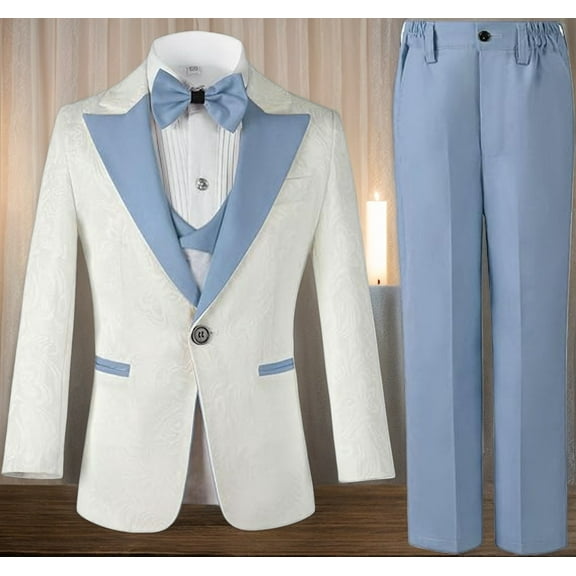 Lycody 3 Pieces Boys Suit Set Teenage Jacquard Blazer Slim Fit Tuxedo Jacket Vest Pants Prom Wedding Ring Party Graduation for 3-16 Years Kids