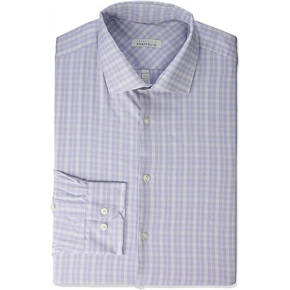 Perry Ellis Men's Slim Fit Spread Collar Dress Shirt, (Light Purple Plaid, 15x32/33)