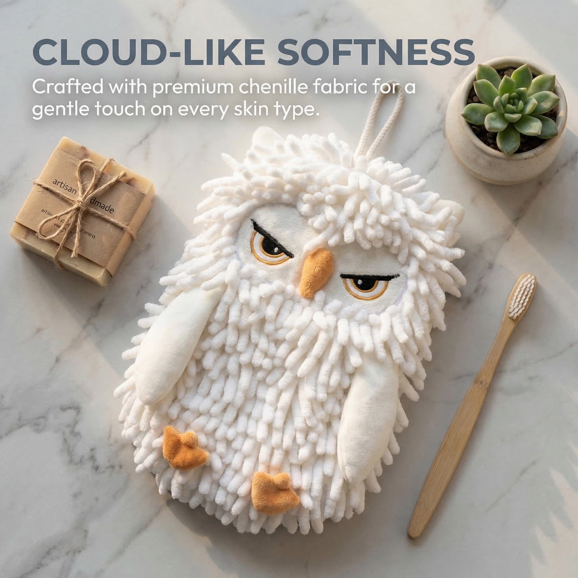 Unique Bargains Cute Owl Shaped Soft Chenille Hanging Hand Towels White 11" x 9"