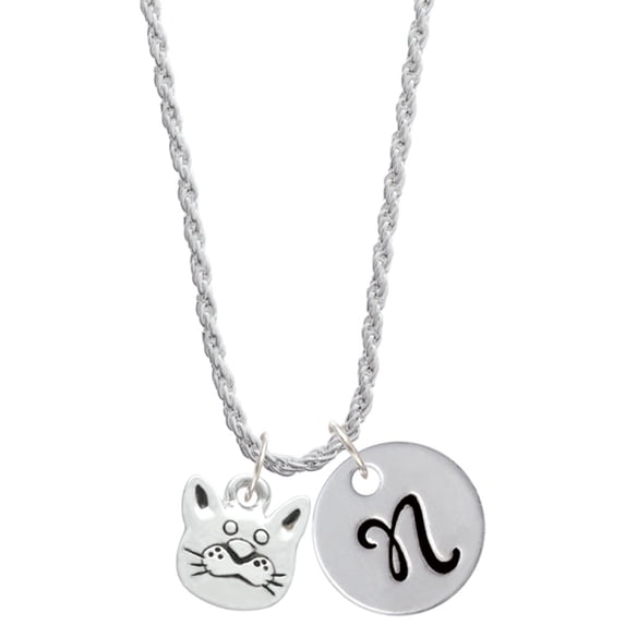 Delight Jewelry Silvertone Large Cat Face Silvertone Script Initial Disc - N - Charm Necklace, 20"+3"