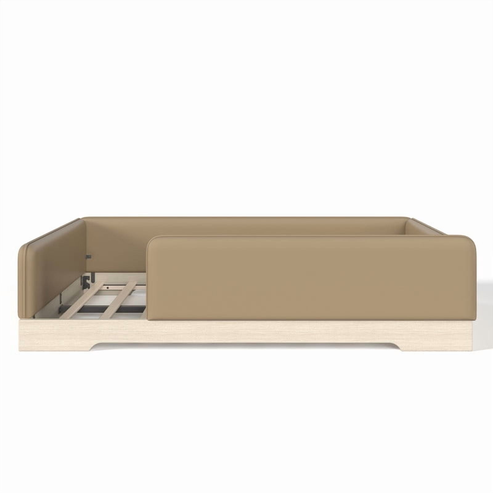 Queen Size Faux Leather Upholstered Floor Bed, Kids Montessori Bed Frame with Removable Guardrail, Low Profile Platform Bed
