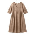 thumbnail image 6 of FDGIU Women's V Neck 3/4 Sleeve High Waist Gathered Pocket Loose Flowy Linen Midi Dress, Boho Beach Vacation Casual Home Lounge Swing Long Dresses, 6 of 6