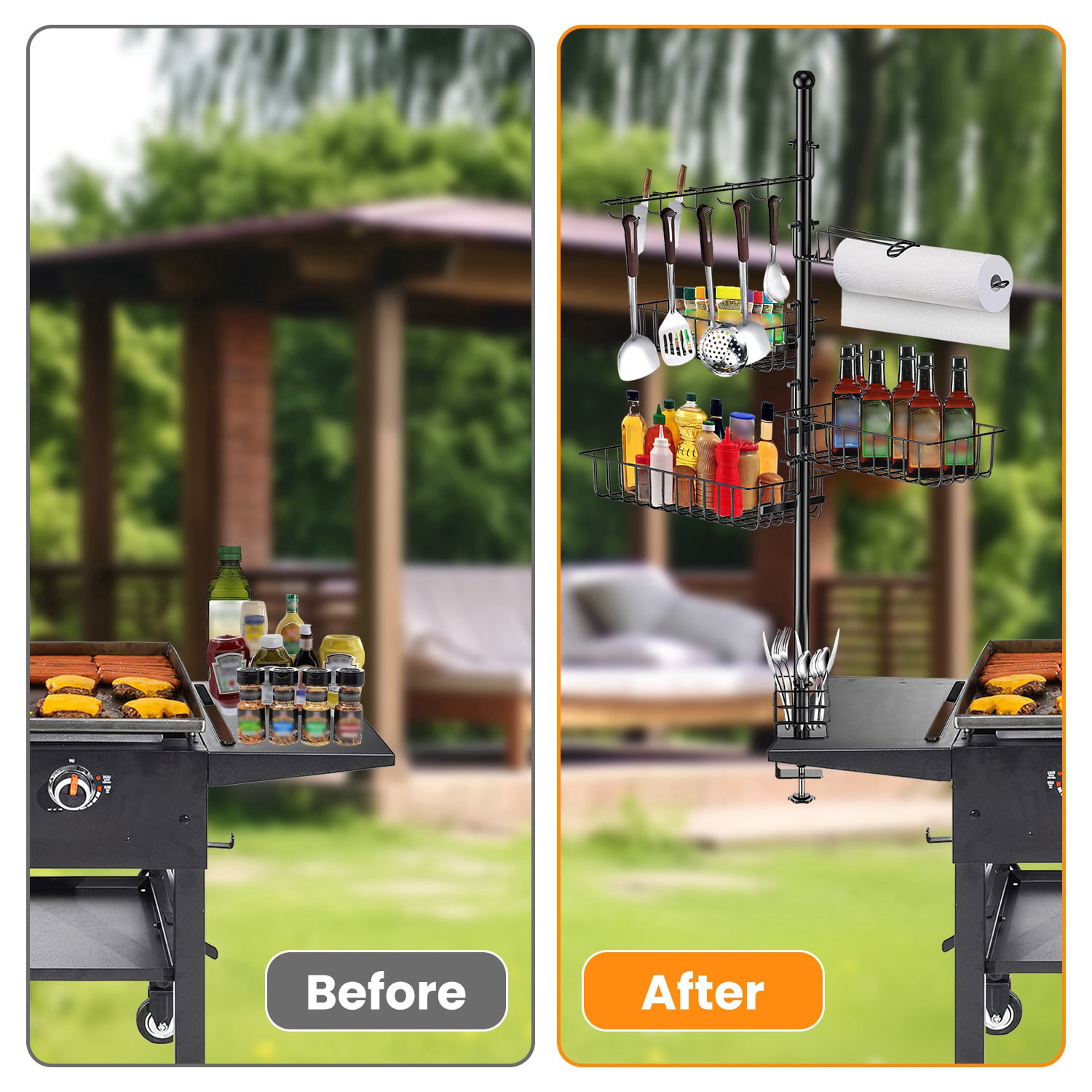 Upgraded BBQ Griddle Caddy Rack with Paper Towel Holder, Carbon Steel Grill Storage Organizer with S/M/L Baskets & 10 Hooks, Clamp on Design for Outdoor Grilling