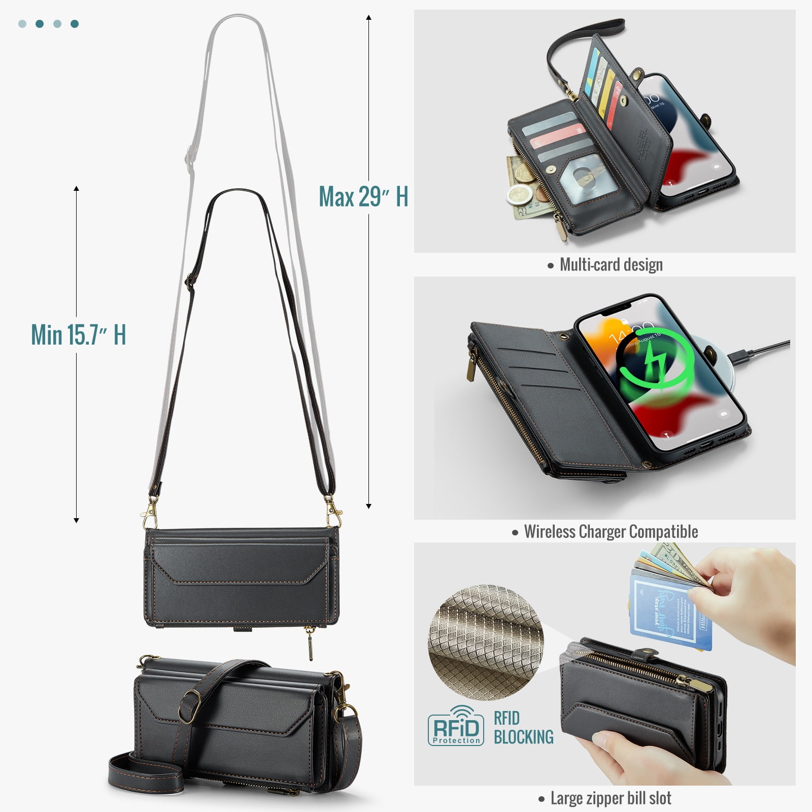 Compatible with iPhone 15 Pro Max 6.7 inch Zipper Wallet Phone Case Tempered Glass Screen Protector Crossbody Lanyard Strap Flip Card Holder Slot Cell Cover for i Phone15 15Pro i15 ProMax Women Black