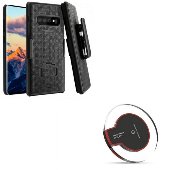 Galaxy S10 Plus (S10 ) - Fast Wireless Charger w Holster Case Belt Clip for - 7.5W and 10W Charging Pad Slim, Swivel Cover Kickstand Armor Combo for Samsung Galaxy S10 Plus