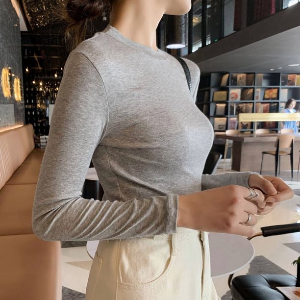 Camiseta básica de cuello redondo de algodón modal de primavera y otoño para mujer Camiseta interior de manga larga negra de otoño e invierno para mujer