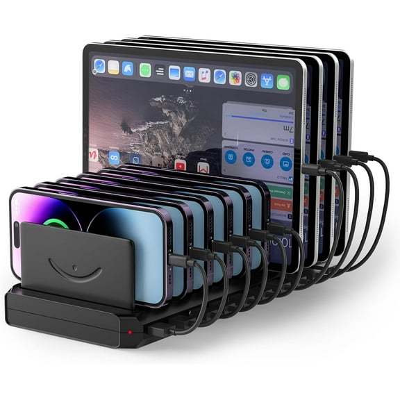 60W Charging Station for Multiple Devices,10 Ports USB Charging Station with a cooling fan for  iPhone,Tablet,Headphone,Smart Watch,Power Bank,Multi-Device Charging Dock for Family&Office,9.06''×4.33