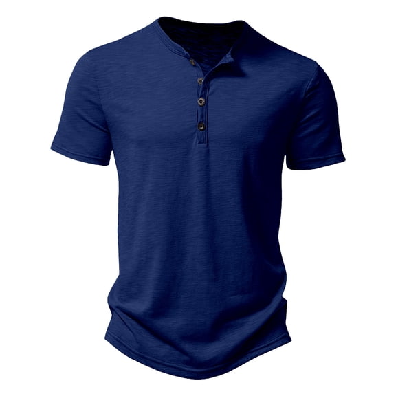 Yuncity Mens Tshirts Button Henley Neck Short Sleeve Solid Color Summer Comfortable Outdoor Daily Wear Men's Tees Size L Dark Blue