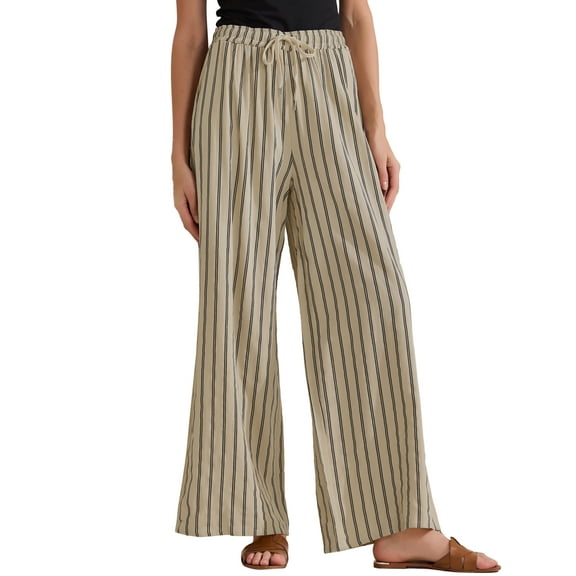 INSPIRE CHIC Women's Casual Drawstring Stripe Pants Wide Leg High Waist Cotton Loose Pants S Camel