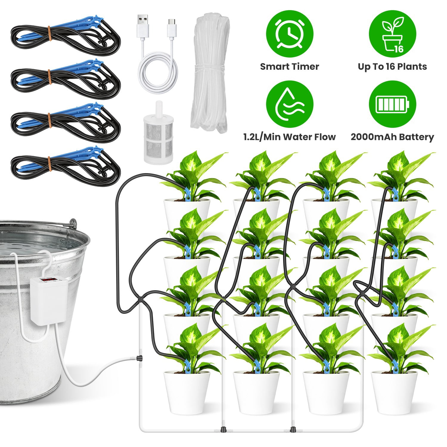 Smart Auto Plant Watering Device Low Noise 4W Efficient Drip Irrigation Kit with Low Water & Low Battery Alarm, 16 Drip Arrows for Indoor Balcony Greenhouse
