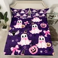thumbnail image 2 of Manfei Child Bow Ghost Twin Sheet Sets, Kawaii Bat Spider Fitted and Flat Sheet, Purple Cartoon Halloween Microfiber Bedroom Decor, 3pcs, 2 of 7