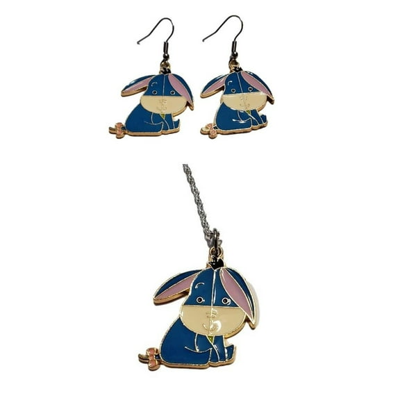 Eeyore Cartoon Character Enamel Metal Pendant Necklace And Earrings Set