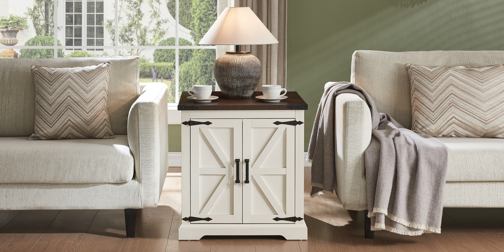 Rustic Farmhouse End Table with Charging Station - 24" Large Sofa Side Table With Barn Door Design - Square Nightstand Bedside Table with Adjustable Storage Shelf for Living Room or Bedroom,White
