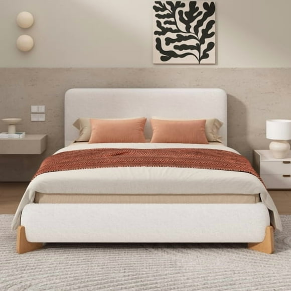 Elegant Boucle Upholstered Bed, A Luxurious and Comfortable Bedroom Centerpiece, Queen Size, White