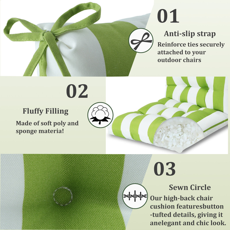 Outdoor High back patio chair cushions, rocking chair cushion set of 2, Waterproof lawn chair cushions with Ties, Seat cushions and Back cushions for Indoor and Outdoor（Green and white）