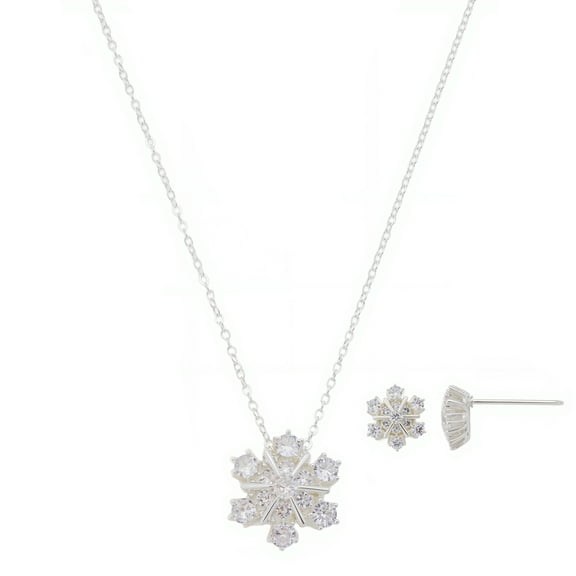 Believe by Brilliance Women's Silver Plated Cubic Zirconia Snowflake Pendant Necklace and Stud Earring Set, 18 2"