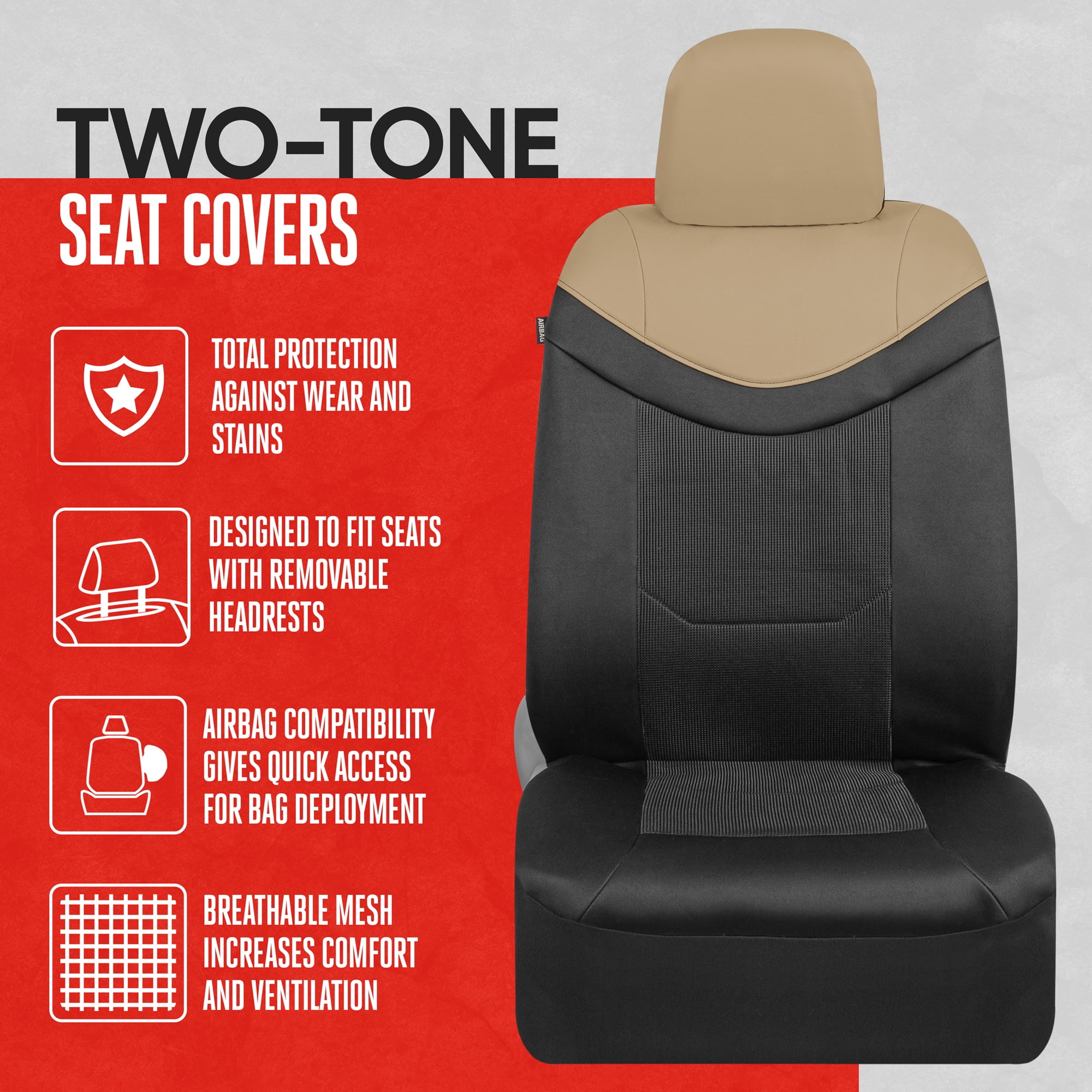 2 Pack Motor Trend Premium LuxeSport Beige Car Seat Covers for Front Seats Automotive Seat Protectors with Comfortable Mesh Back & Faux Leather Headrest Interior Accessories for Car Truck Van SUV 