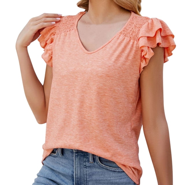 Gibobby Playera de Manga Corta Casual Suave Top verano para mujer, camiseta holgada informal manga corta plisada con cuello en V Color sólido, camiseta con man(Naranja,M)