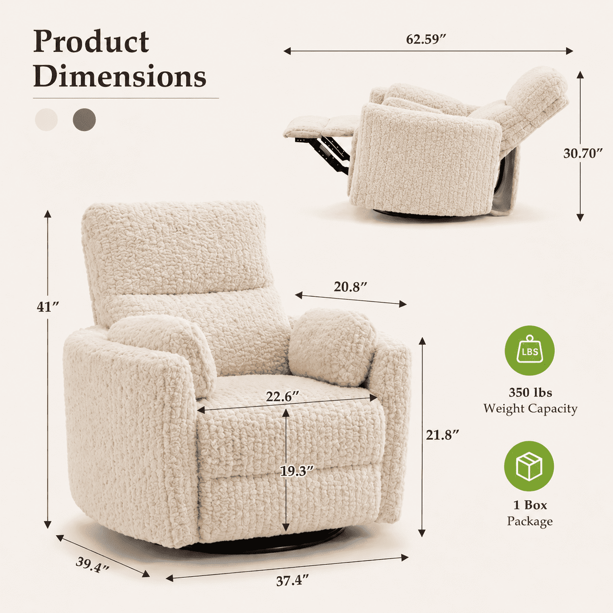 Adult Sherpa Nursery Power Swivel and USB Charging Recliners with 2 Removable Pillows, Beige