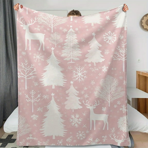 Cozy Pink Christmas Tree & Reindeer Flannel  Blanket , Warm, and Versatile for Couch, Office, Bed, Camping Perfect AllSeason Gift